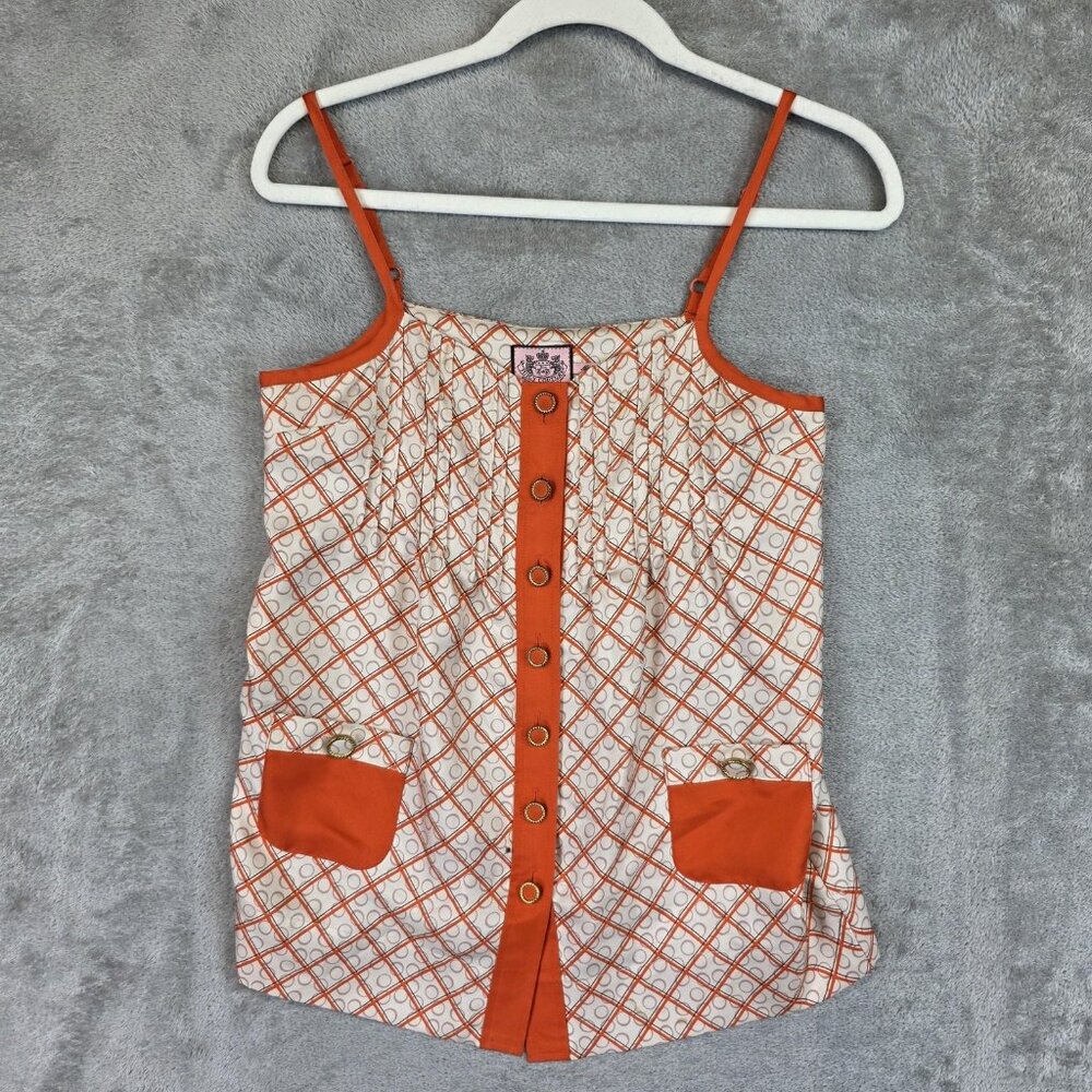 Juicy Couture Tank Top Womens 0 Orange Silk Button Front Geometric Pocket Cami